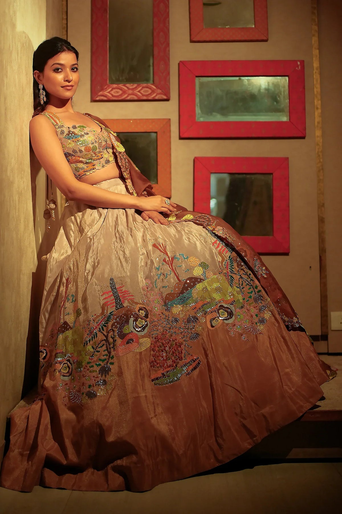 Beige and Mustard Lehenga with Embroidery and Cutdana Work in Silk
