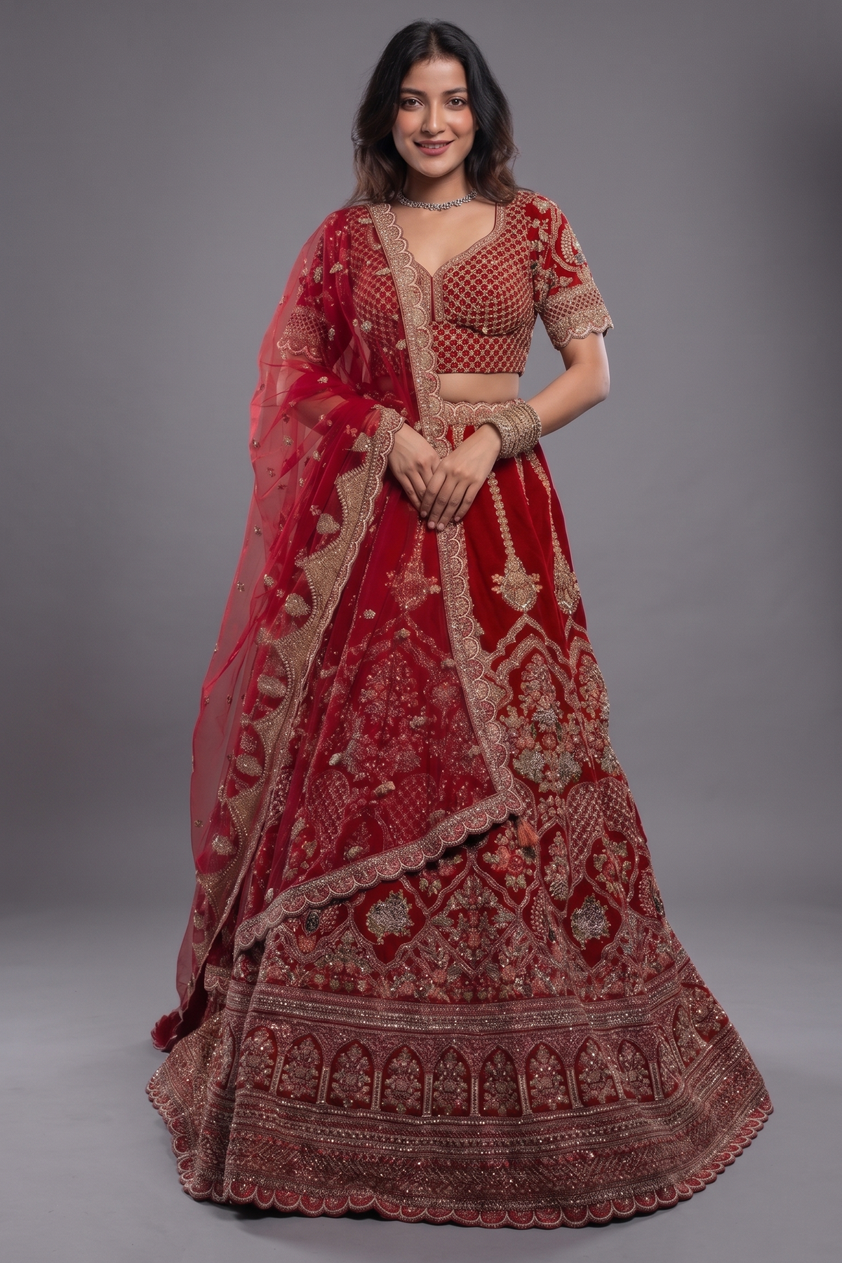 Red Raw Silk Heavy Bridal Lehenga with Peacock and Floral Motifs