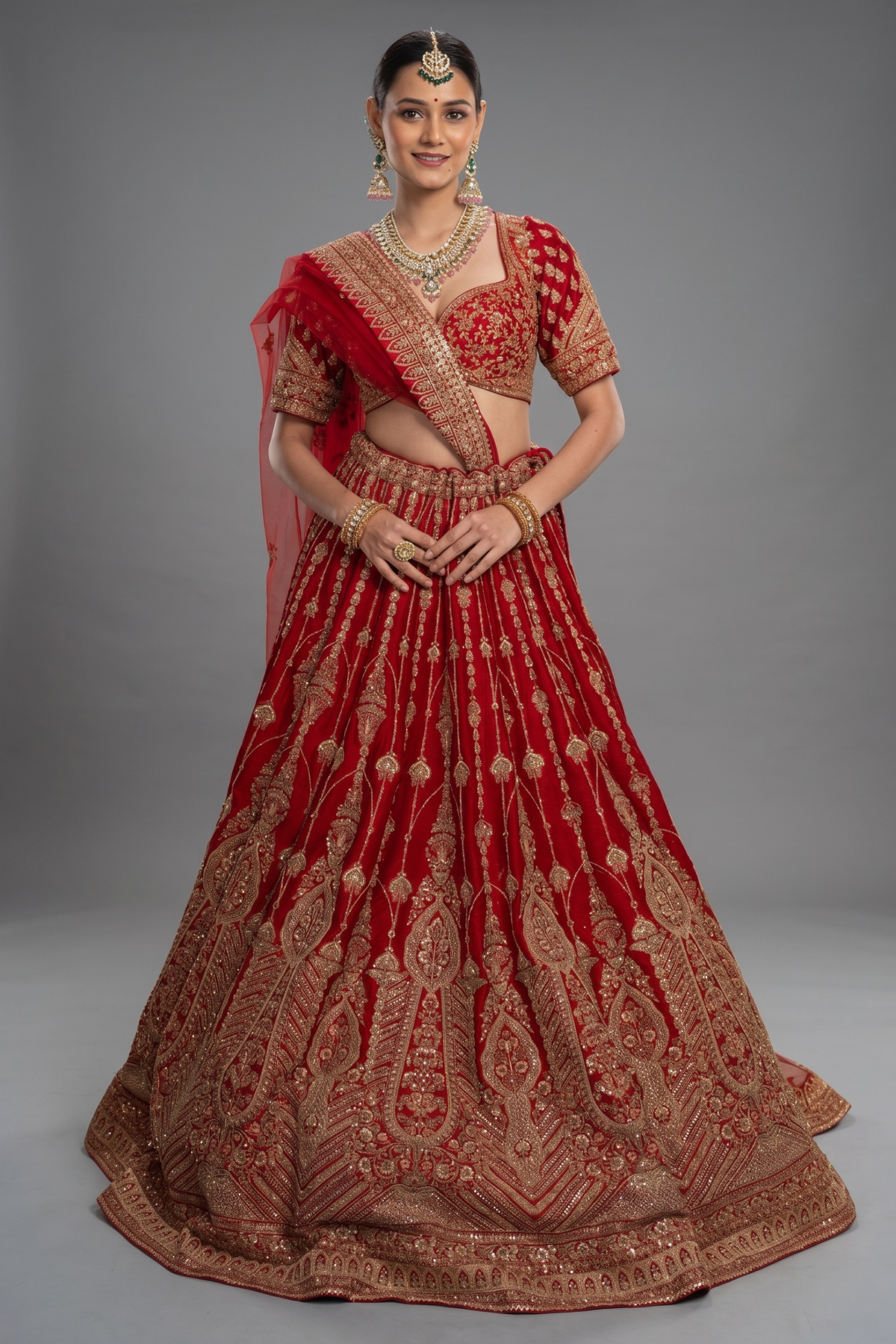 Red Raw Silk Designer Zardosi and Cutdana Worked Bridal Lehenga
