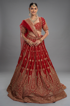 Red Raw Silk Designer Zardosi and Cutdana Worked Bridal Lehenga