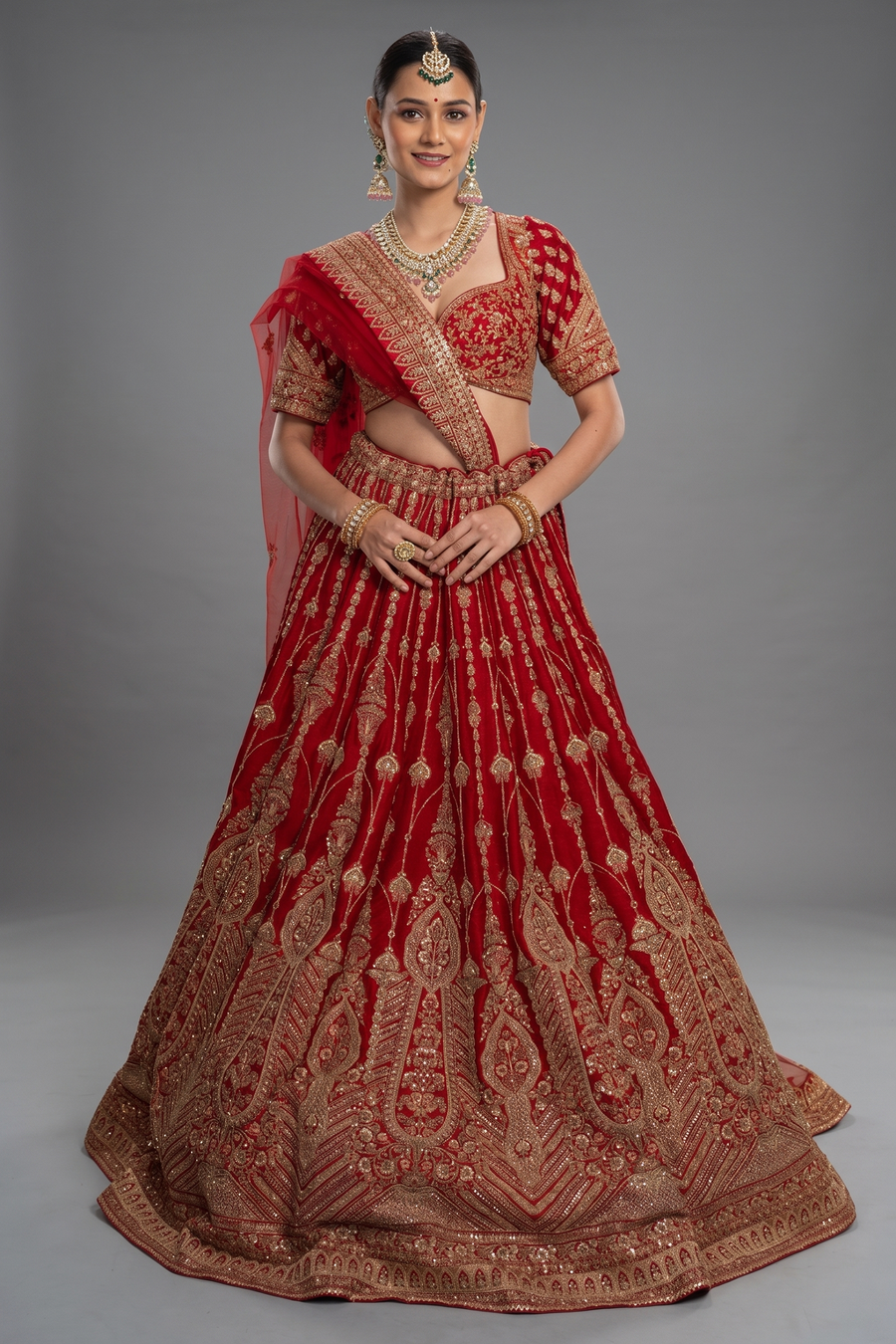 Red Raw Silk Designer Zardosi and Cutdana Worked Bridal Lehenga
