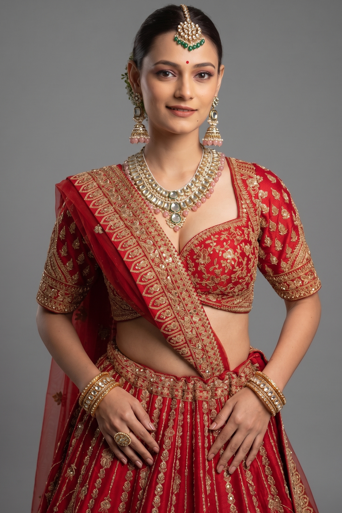 Red Raw Silk Designer Zardosi and Cutdana Worked Bridal Lehenga