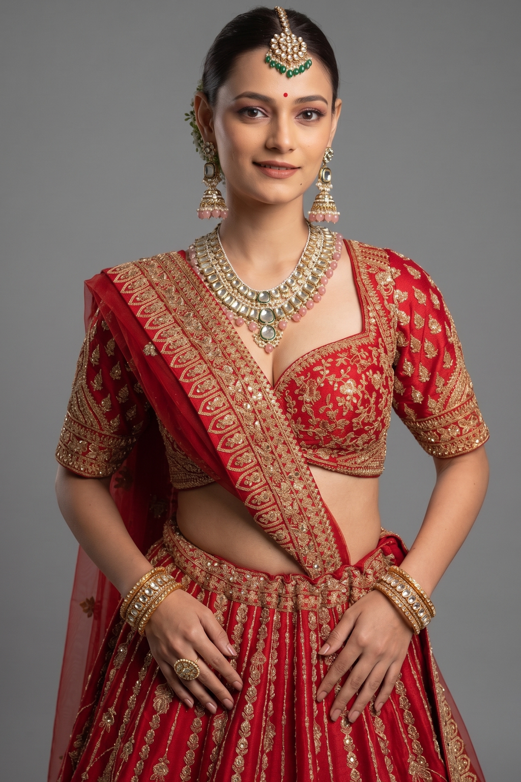Red Raw Silk Designer Zardosi and Cutdana Worked Bridal Lehenga