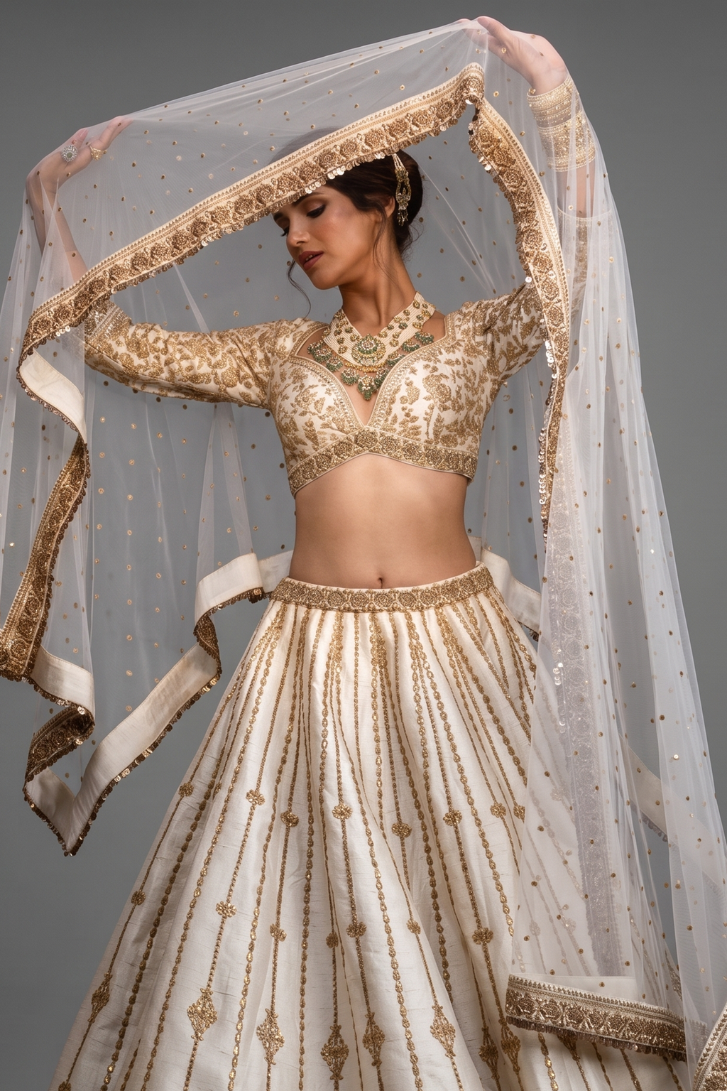 Cream Raw Silk Sequin Embroidered Designer Bridal Lehenga with Plunging Sweet Heart Neckline Blouse
