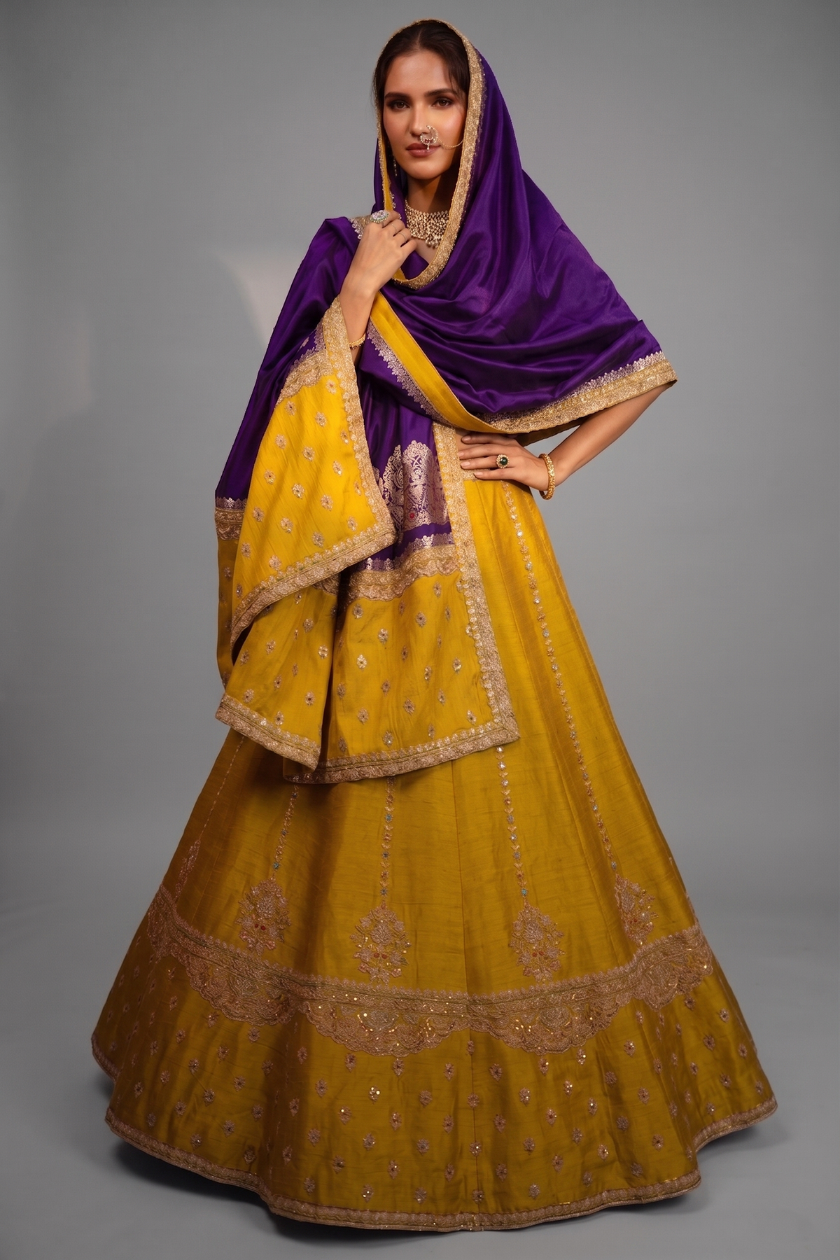 Yellow Raw Silk Designer Handworked Lehenga with Crew Neck Blouse