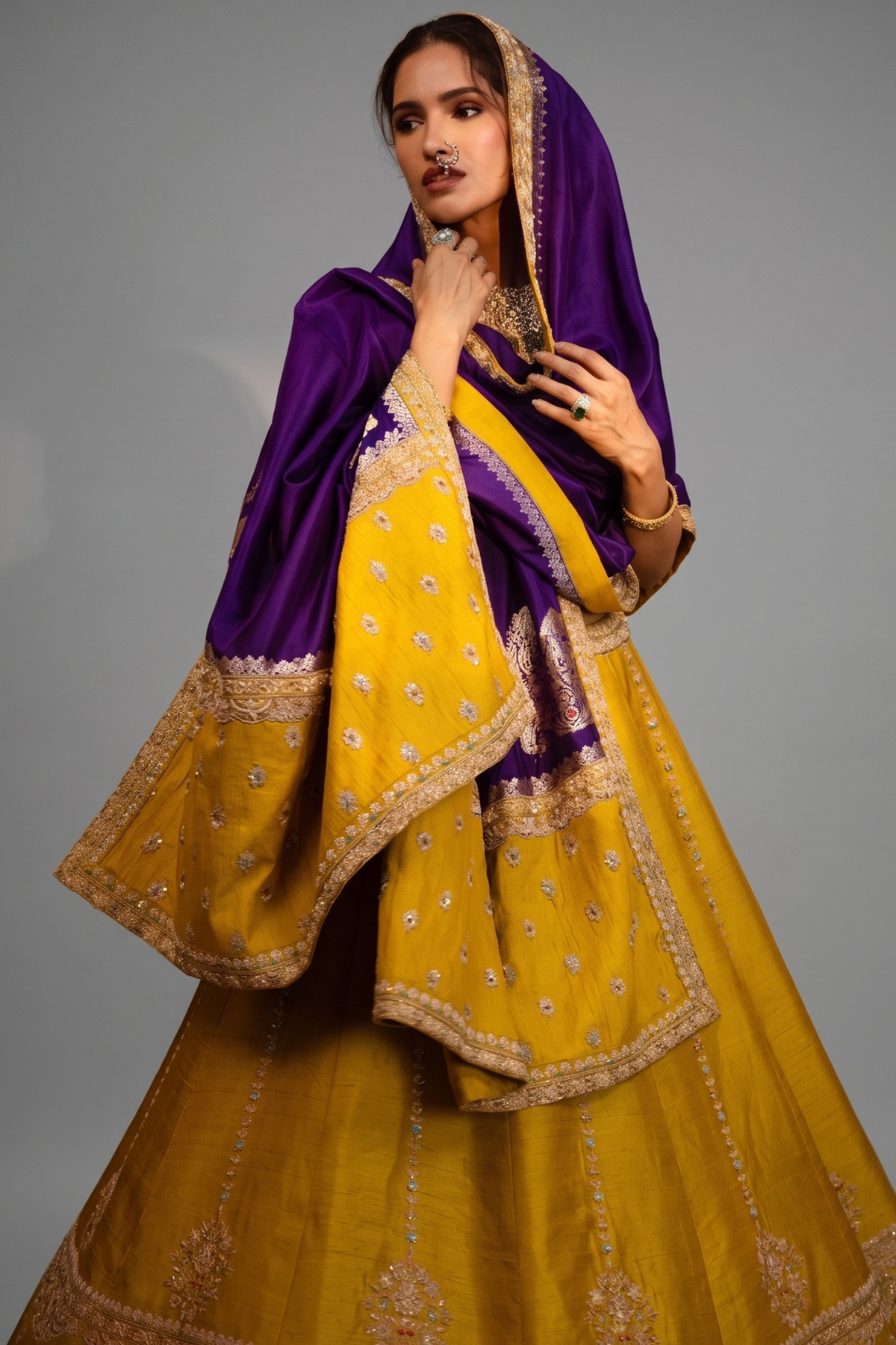 Yellow Raw Silk Designer Handworked Lehenga with Crew Neck Blouse