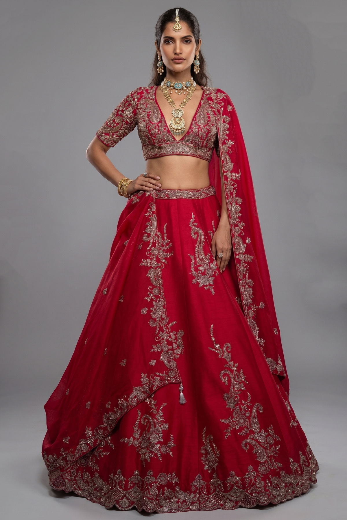 Pink Raw Silk Designer Heavy Patch Work Lehenga with Deep V Neck Blouse