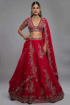 Pink Raw Silk Designer Heavy Patch Work Lehenga with Deep V Neck Blouse