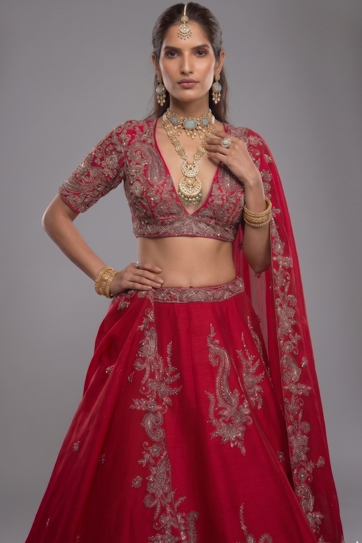 Pink Raw Silk Designer Heavy Patch Work Lehenga with Deep V Neck Blouse