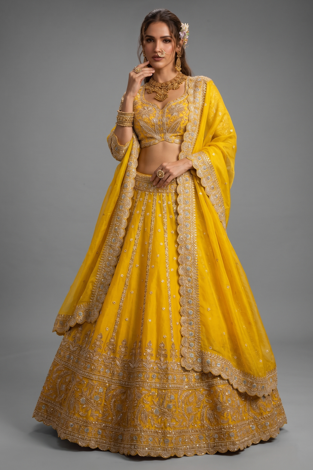 Yellow Organza Handworked Designer Lehenga with Sequin and Beaded Detailing