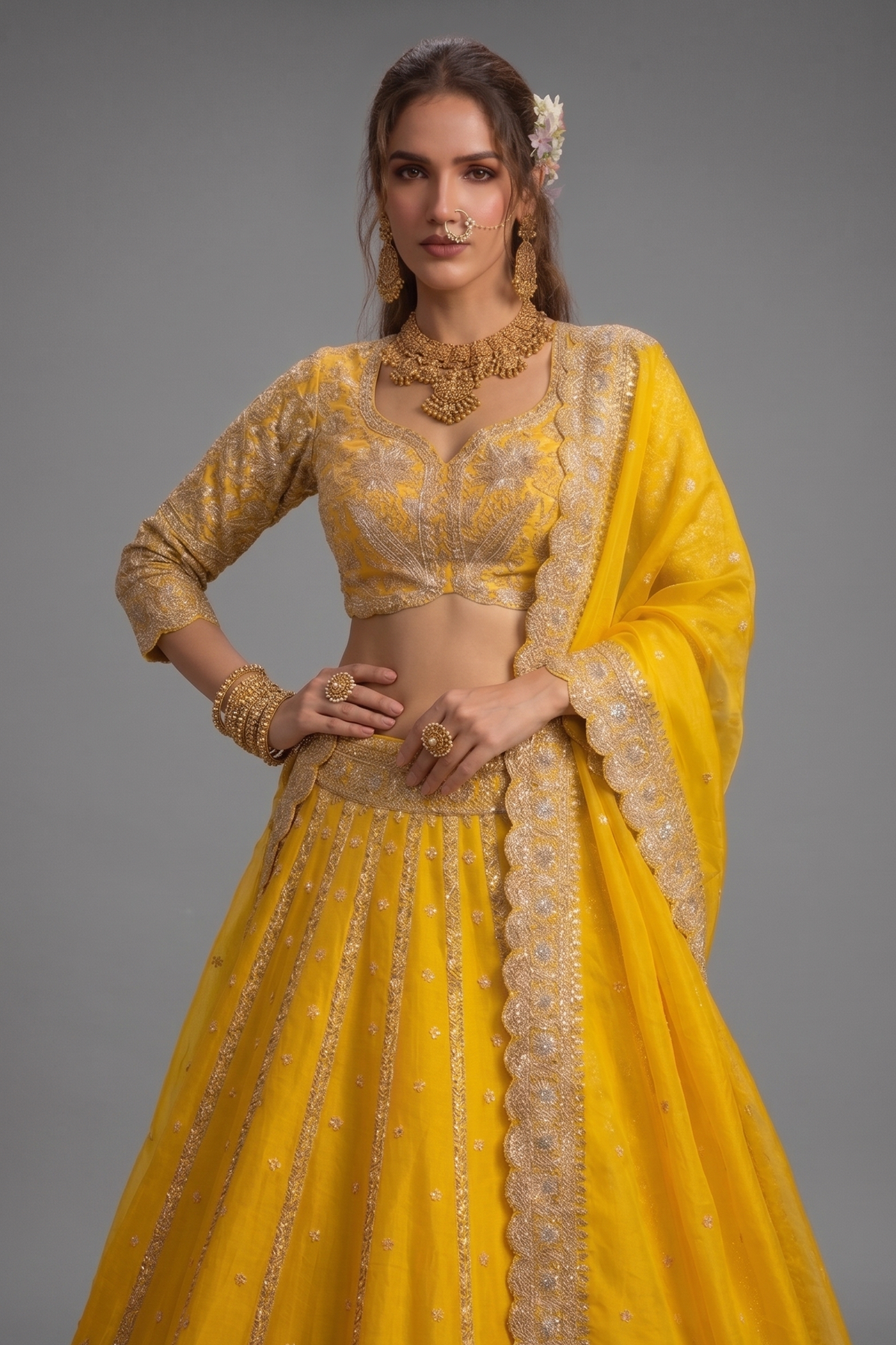 Yellow Organza Handworked Designer Lehenga with Sequin and Beaded Detailing