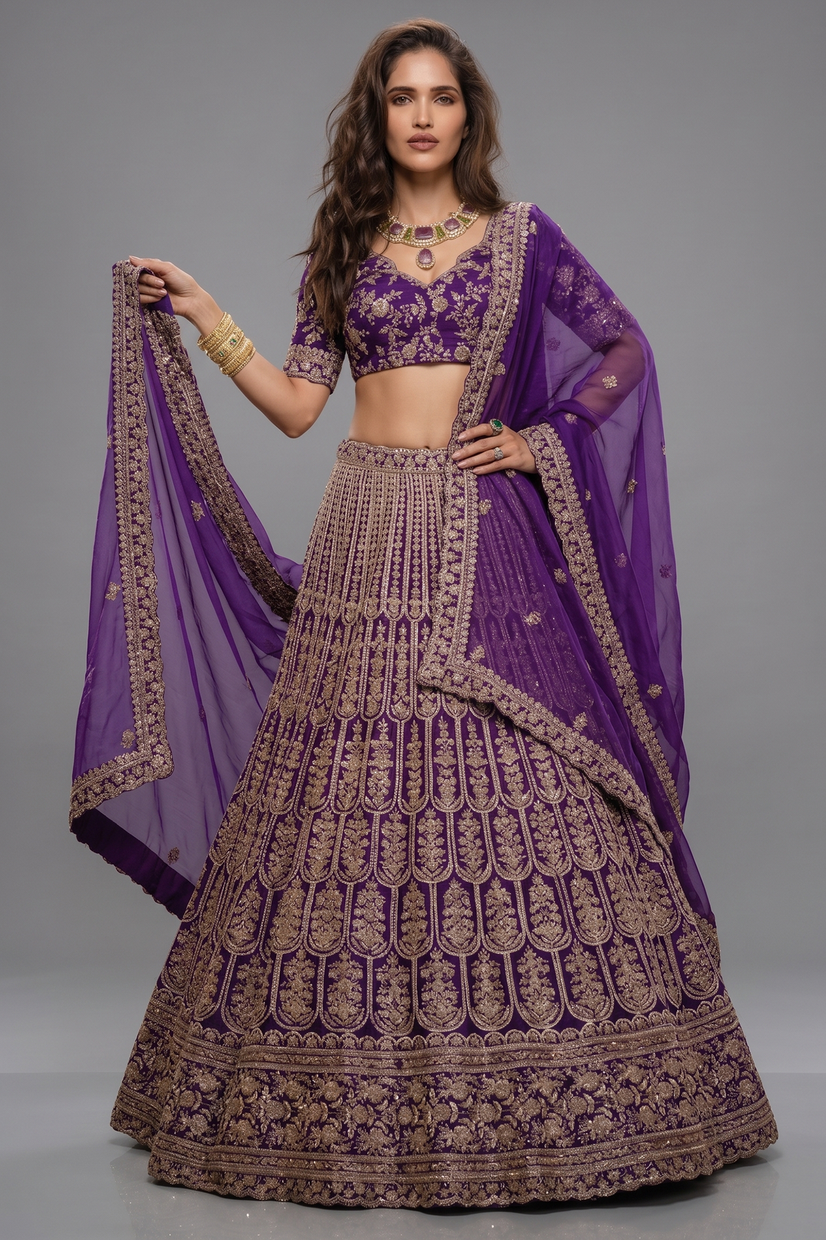 Purple Raw Silk Scallop Jaal Designer Handworked Lehenga with V Neck Blouse