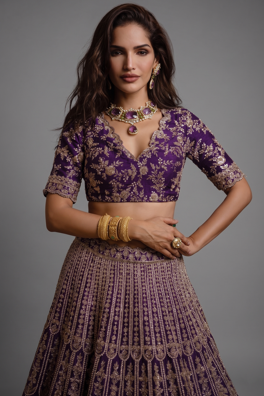 Purple Raw Silk Scallop Jaal Designer Handworked Lehenga with V Neck Blouse