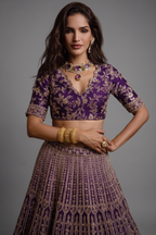 Purple Raw Silk Scallop Jaal Designer Handworked Lehenga with V Neck Blouse