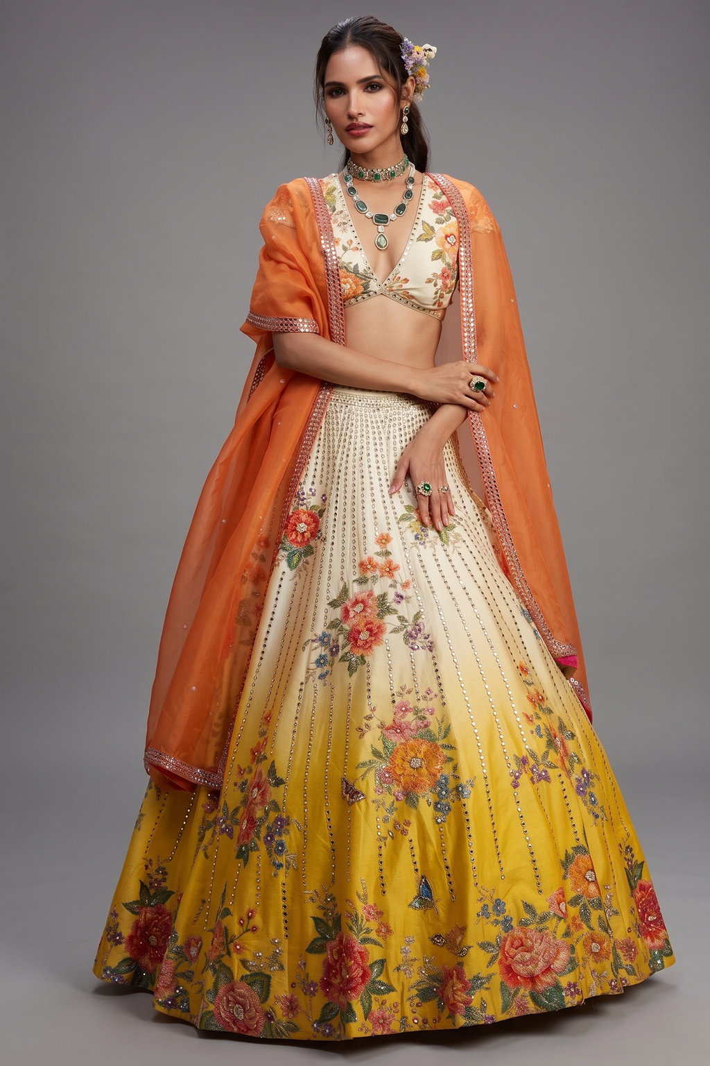 Yellow Ombre Raw Silk Designer Floral Motifs and Mirror Worked Lehenga with Deep V Neckline Blouse