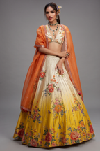 Yellow Ombre Raw Silk Designer Floral Motifs and Mirror Worked Lehenga with Deep V Neckline Blouse
