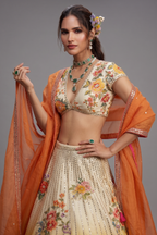 Yellow Ombre Raw Silk Designer Floral Motifs and Mirror Worked Lehenga with Deep V Neckline Blouse