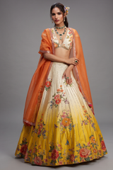 Yellow Ombre Raw Silk Designer Floral Motifs and Mirror Worked Lehenga with Deep V Neckline Blouse