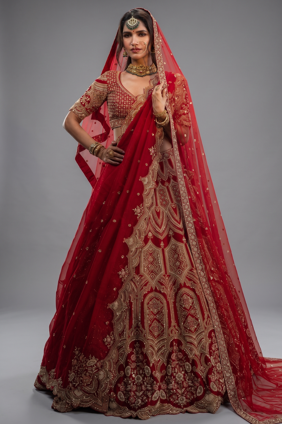 Red Raw Silk Designer Bridal Lehenga with Double Dupatta