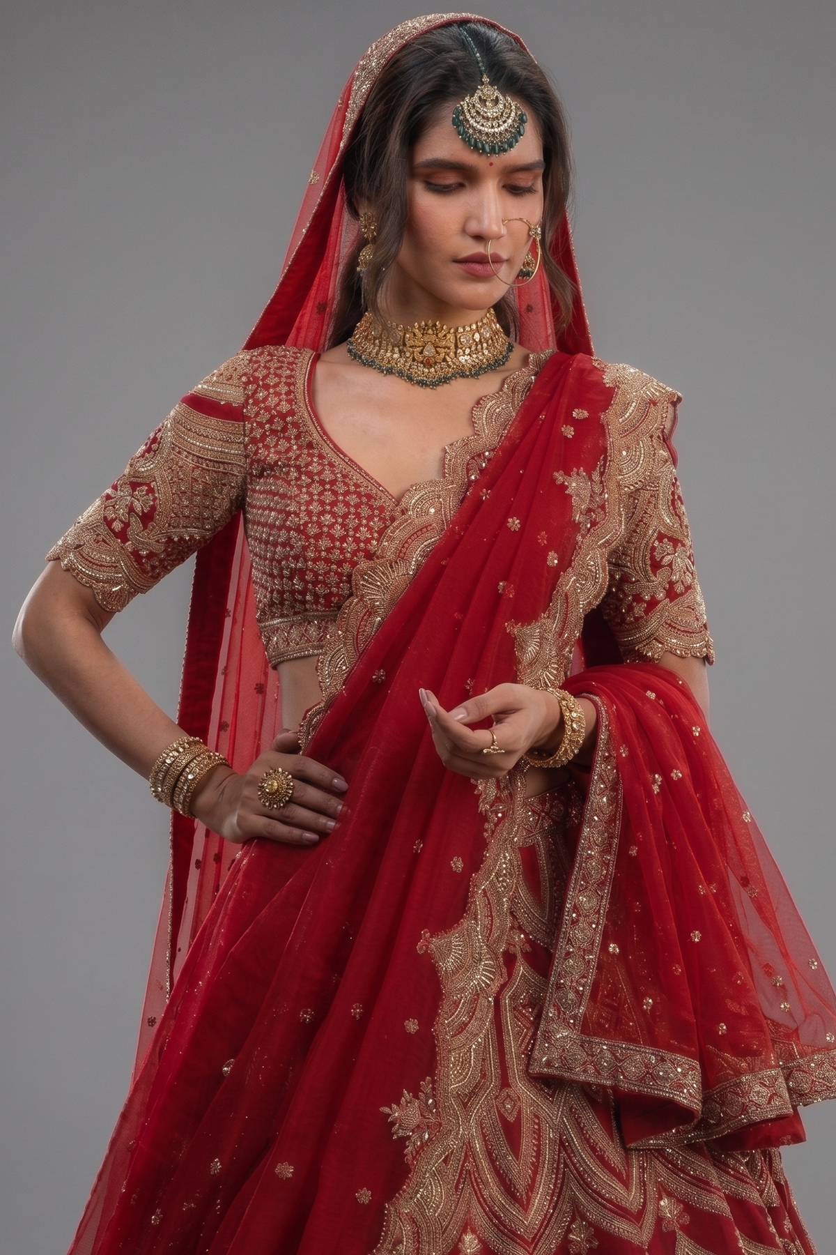 Red Raw Silk Designer Bridal Lehenga with Double Dupatta