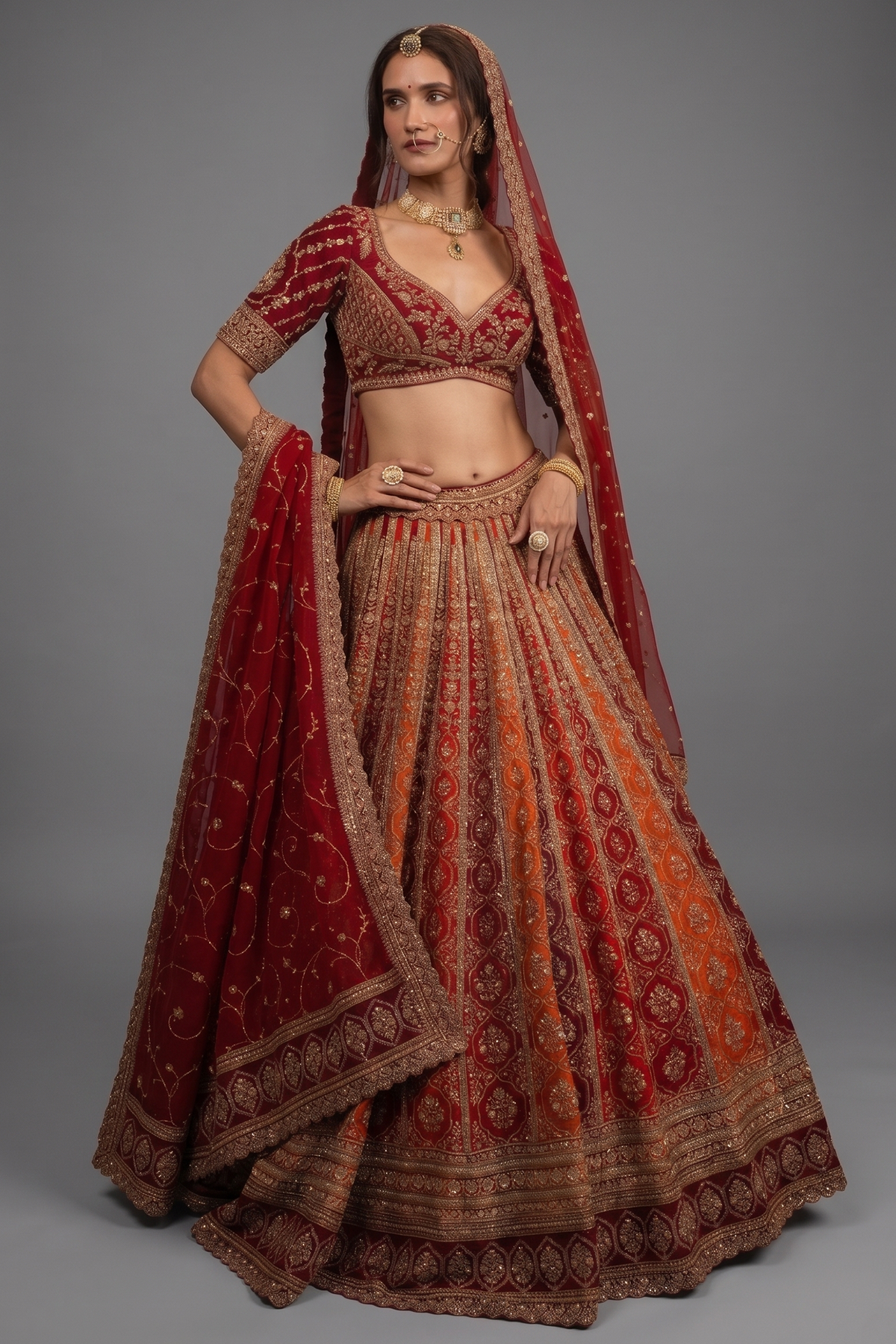 Multi Colored Raw Silk Heavy Bridal Lehenga with Curved Sweet Heart Neck Blouse and Double Dupatta