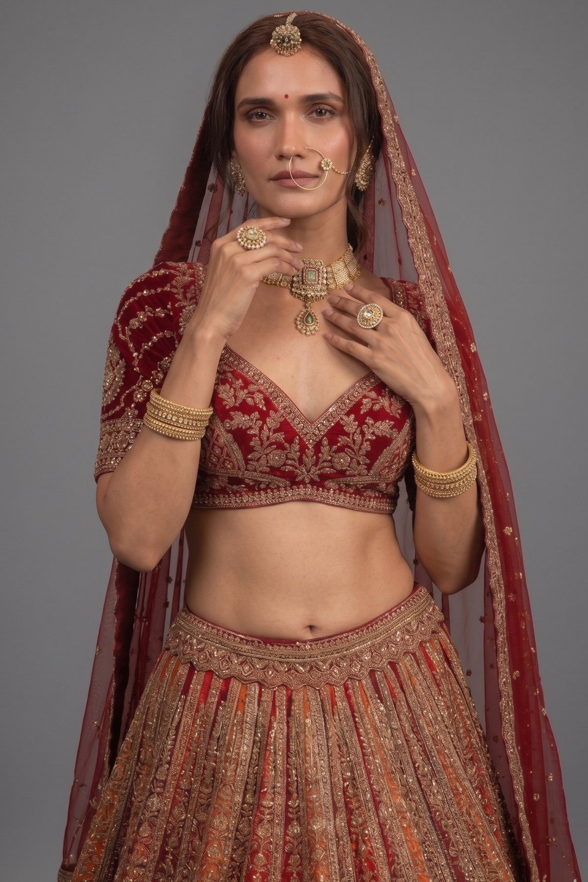 Multi Colored Raw Silk Heavy Bridal Lehenga with Curved Sweet Heart Neck Blouse and Double Dupatta