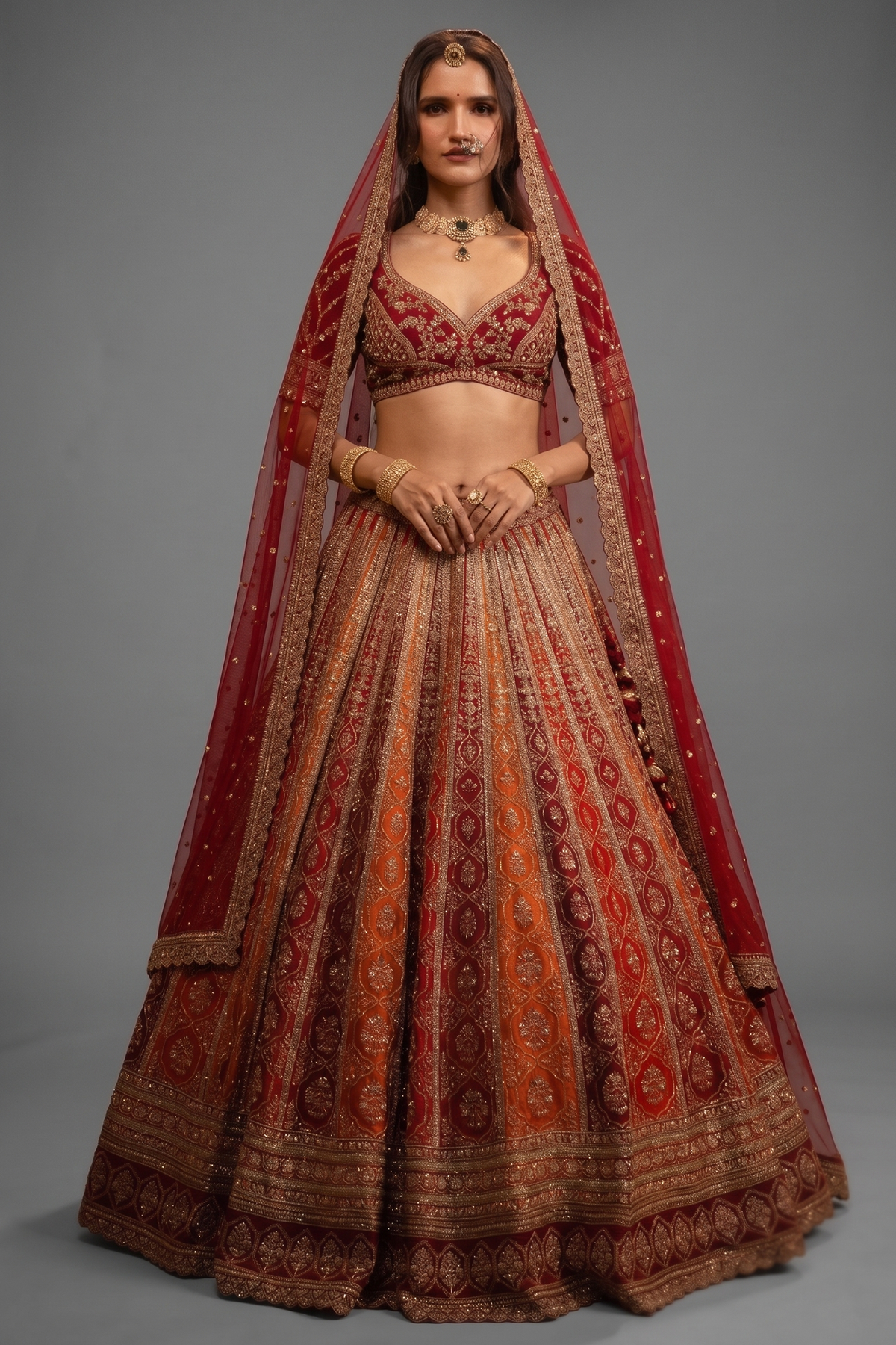 Multi Colored Raw Silk Heavy Bridal Lehenga with Curved Sweet Heart Neck Blouse and Double Dupatta