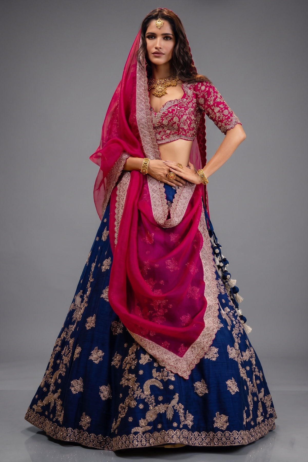 Indigo Blue Raw Silk Heavy Designer Handworked Lehenga with Curved Sweet-Heart Neck Blouse