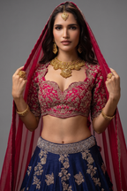 Indigo Blue Raw Silk Heavy Designer Handworked Lehenga with Curved Sweet-Heart Neck Blouse