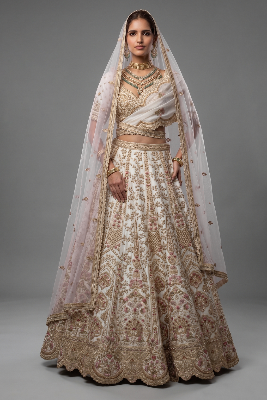Cream Raw Silk Heavy Designer Bridal Lehenga with Scallop V Neckline and Double Dupatta