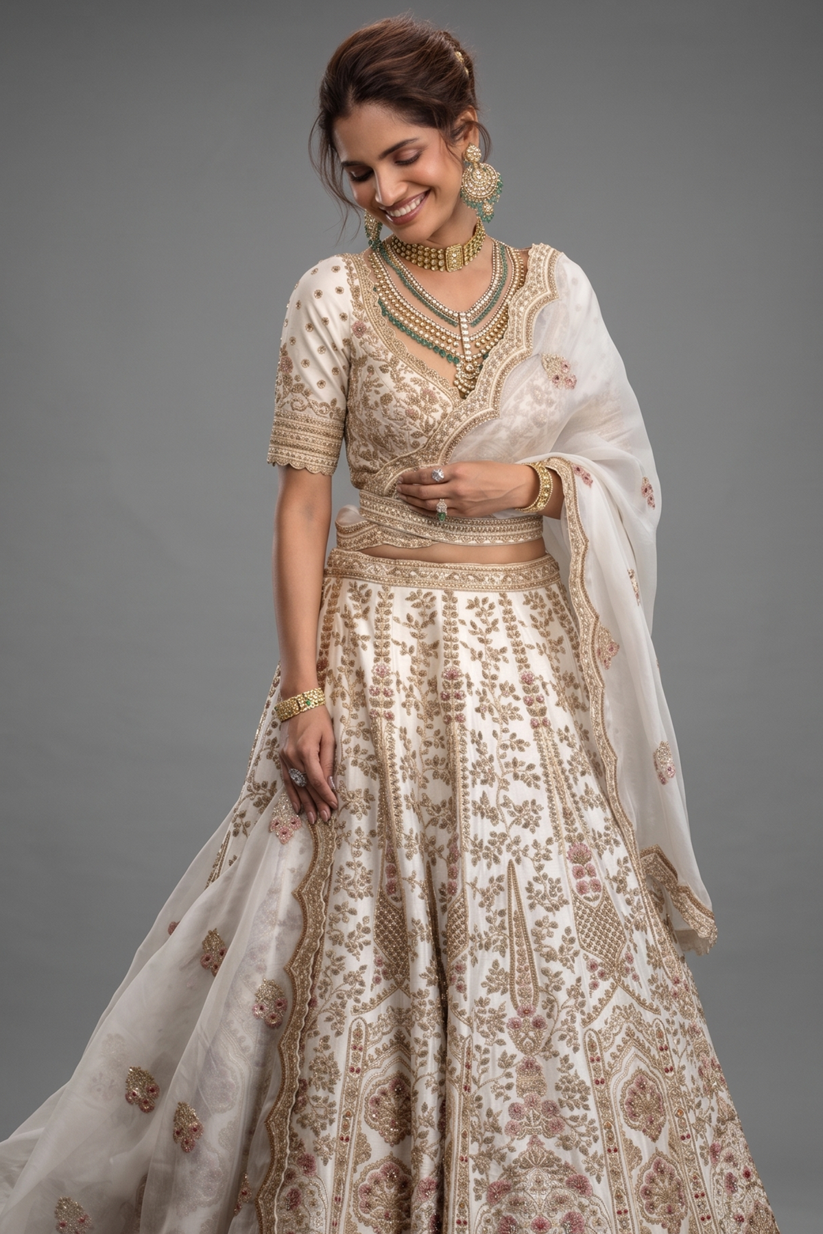 Cream Raw Silk Heavy Designer Bridal Lehenga with Scallop V Neckline and Double Dupatta