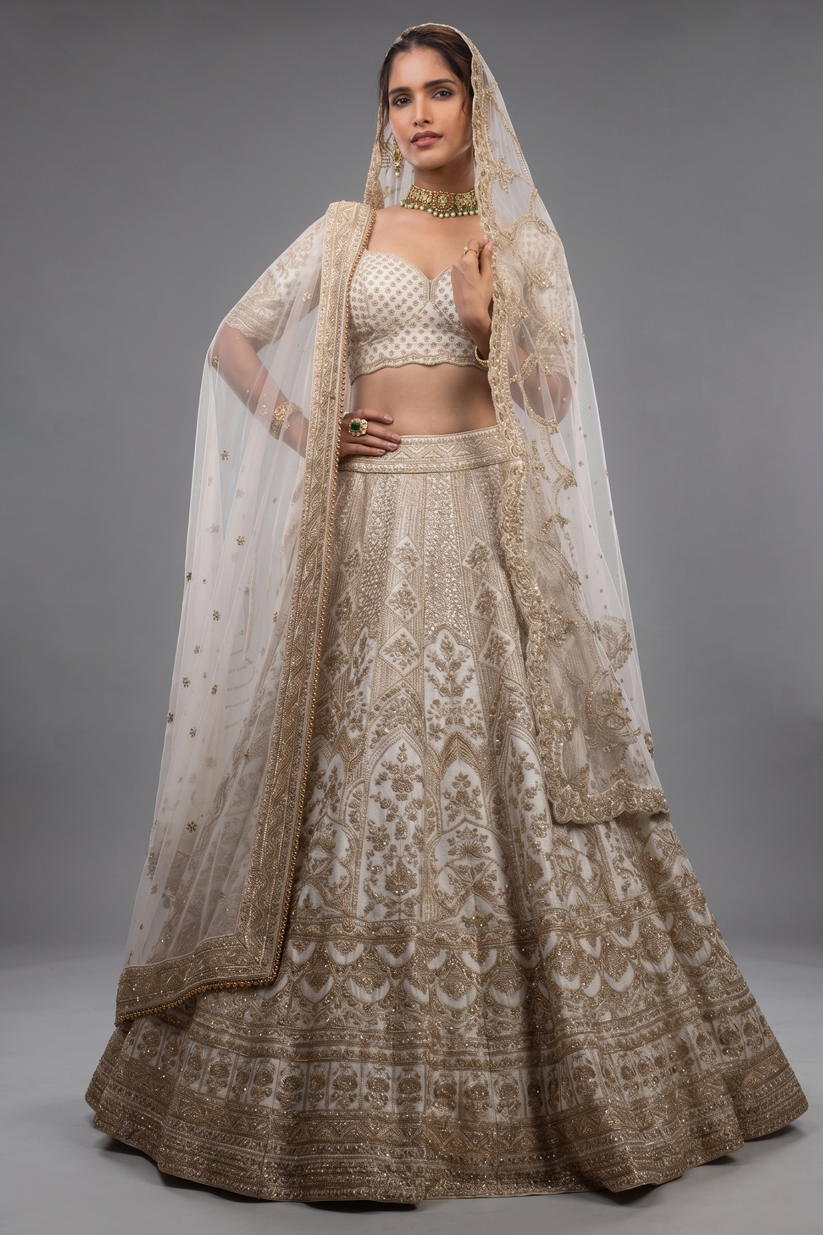Cream Raw Silk Designer Heavy Bridal Lehenga with Sweet Heart Neck Blouse and Double Dupatta