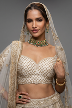 Cream Raw Silk Designer Heavy Bridal Lehenga with Sweet Heart Neck Blouse and Double Dupatta