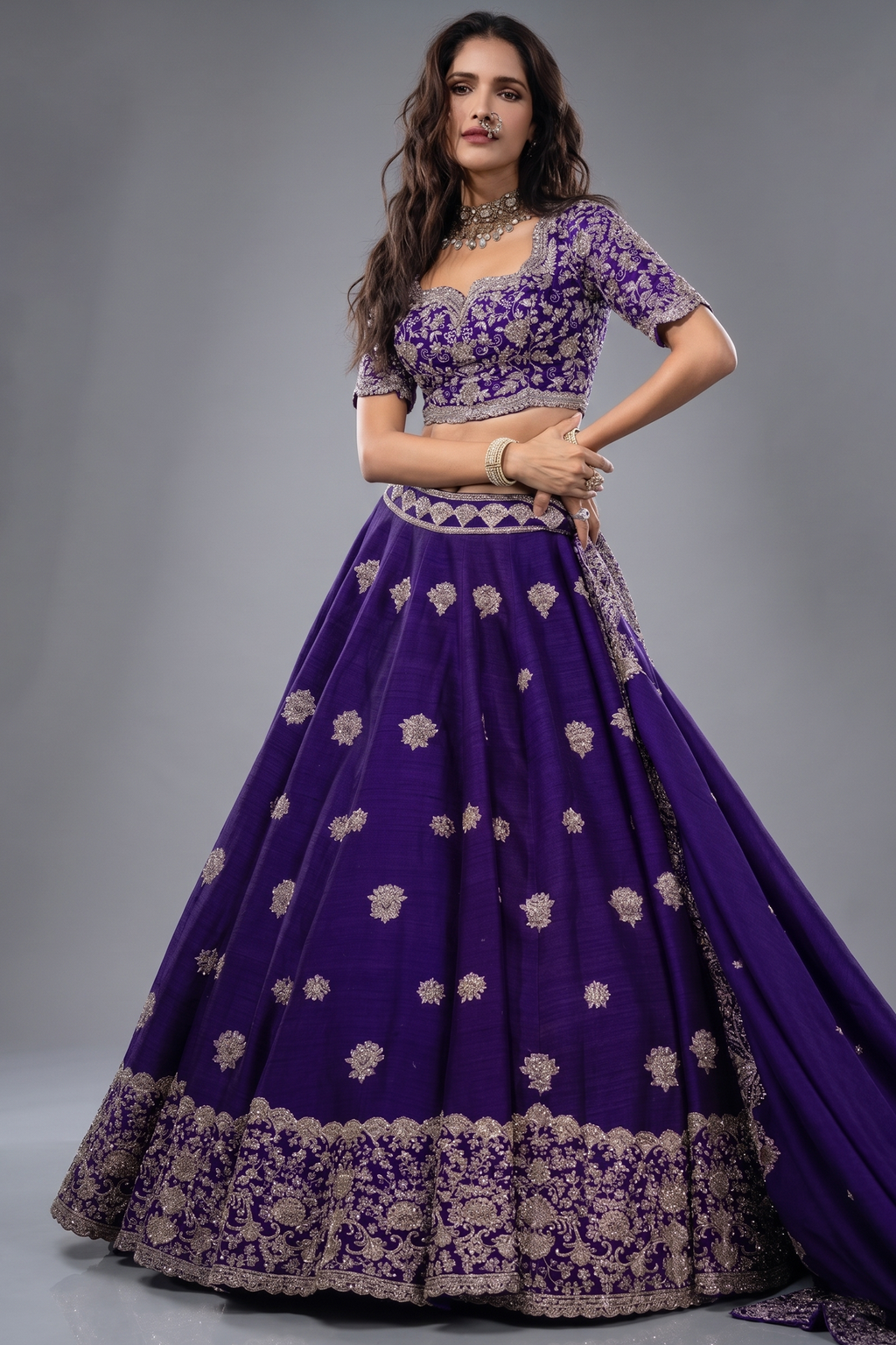 Violet Purple Raw Silk Heavy Designer Handworked Border Lehenga