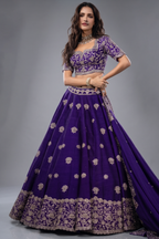 Violet Purple Raw Silk Heavy Designer Handworked Border Lehenga