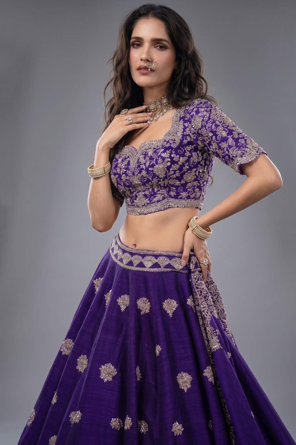 Violet Purple Raw Silk Heavy Designer Handworked Border Lehenga