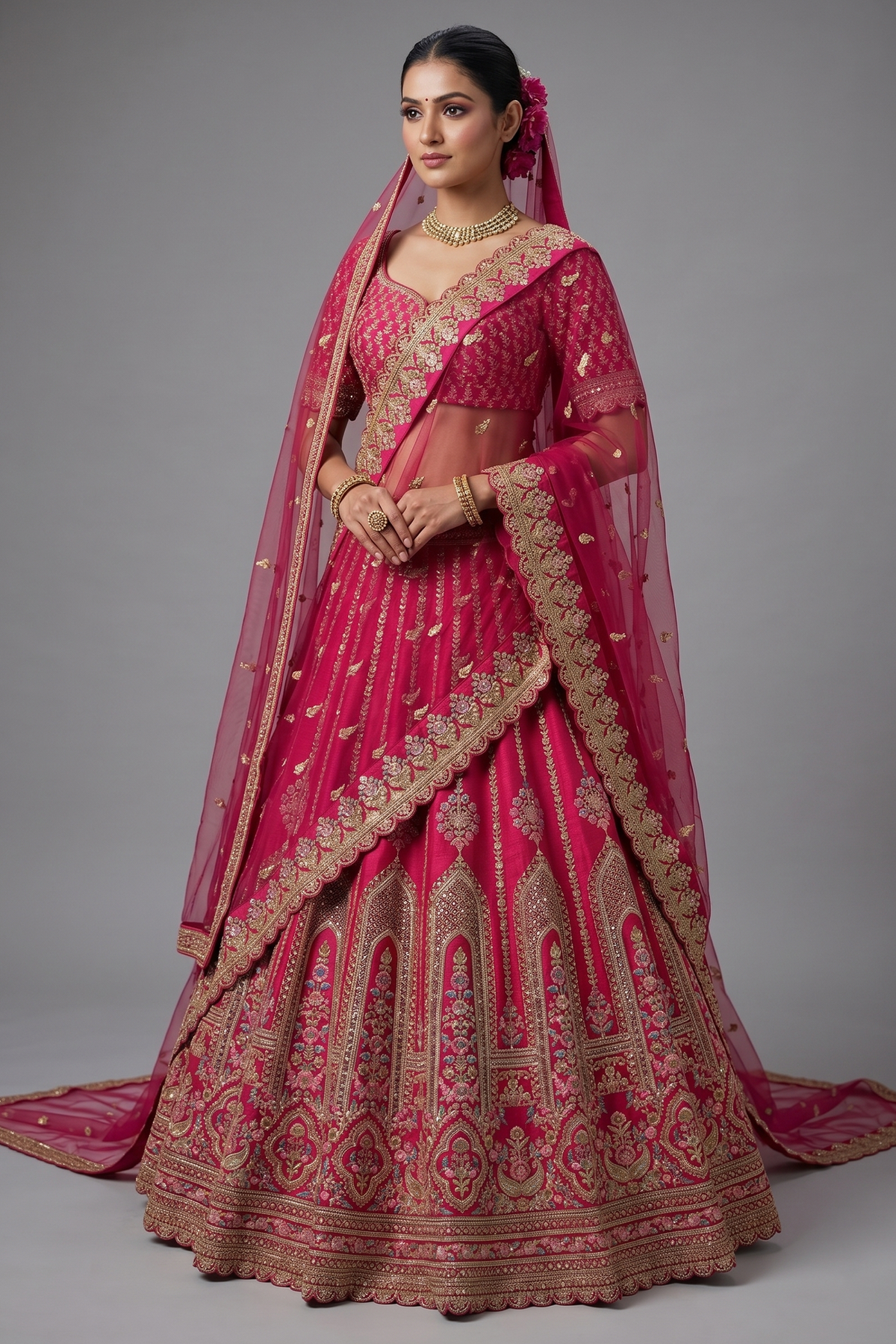 Pink Raw Silk Designer Heavy Bridal Lehenga with Zari Embroidery