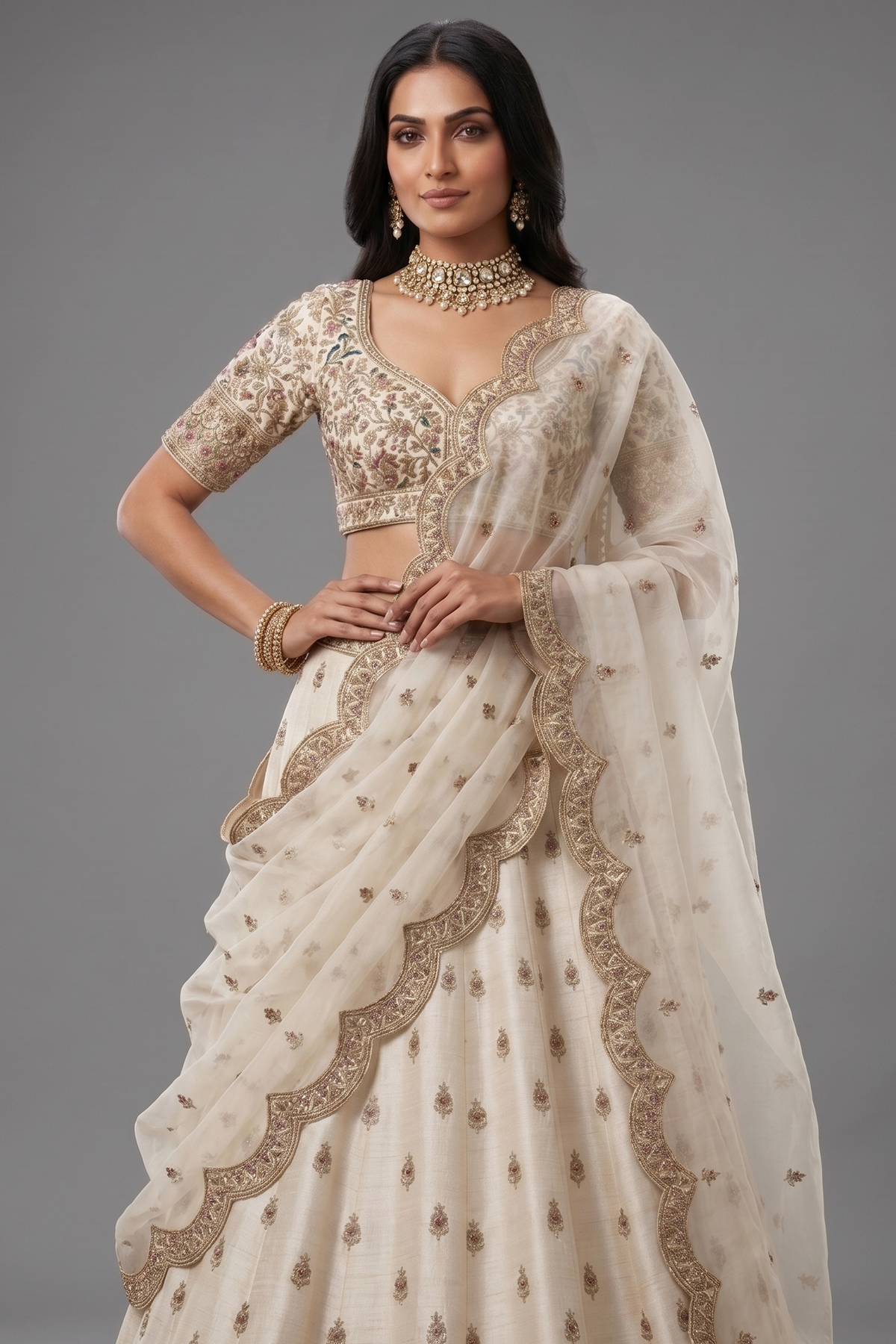 Off White Raw Silk Zari Sequin Embroidery Lehenga