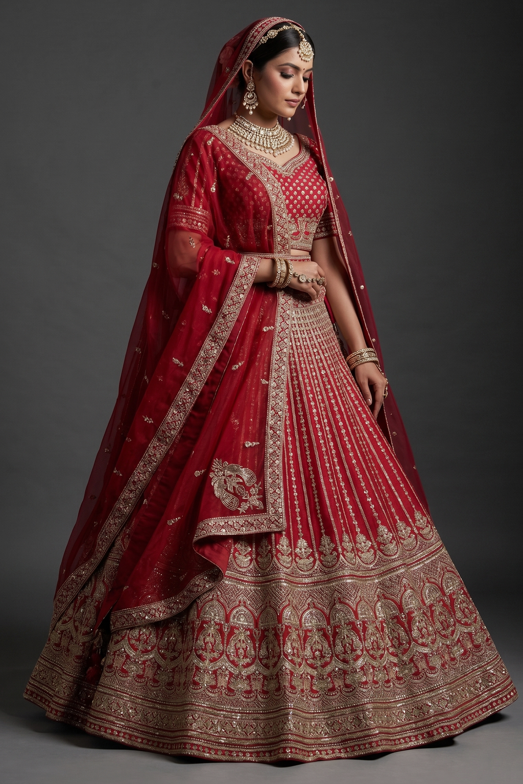 Red Raw Silk Designer Heavy Bridal Lehenga