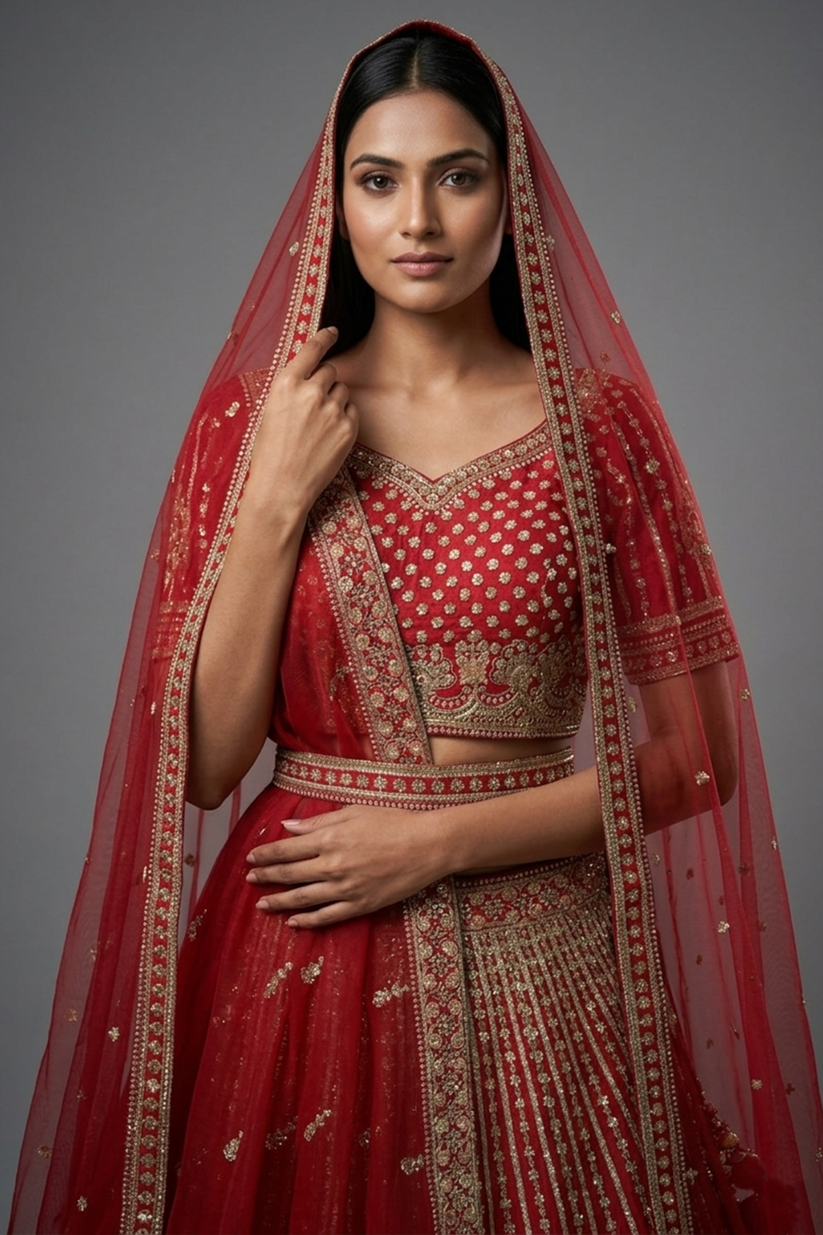 Red Raw Silk Designer Heavy Bridal Lehenga