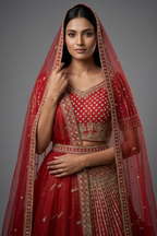 Red Raw Silk Designer Heavy Bridal Lehenga