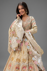 Cream Tissue Desginer Floral Patch Lehenga with Patola Border