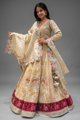 Cream Tissue Desginer Floral Patch Lehenga with Patola Border