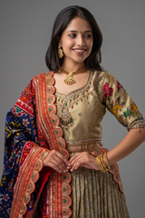 Golden Tissue Pleated Lehenga with Animal and Bird Motif Lehenga with Patola Dupatta