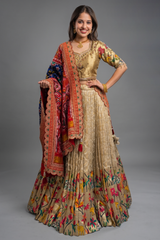 Golden Tissue Pleated Lehenga with Animal and Bird Motif Lehenga with Patola Dupatta