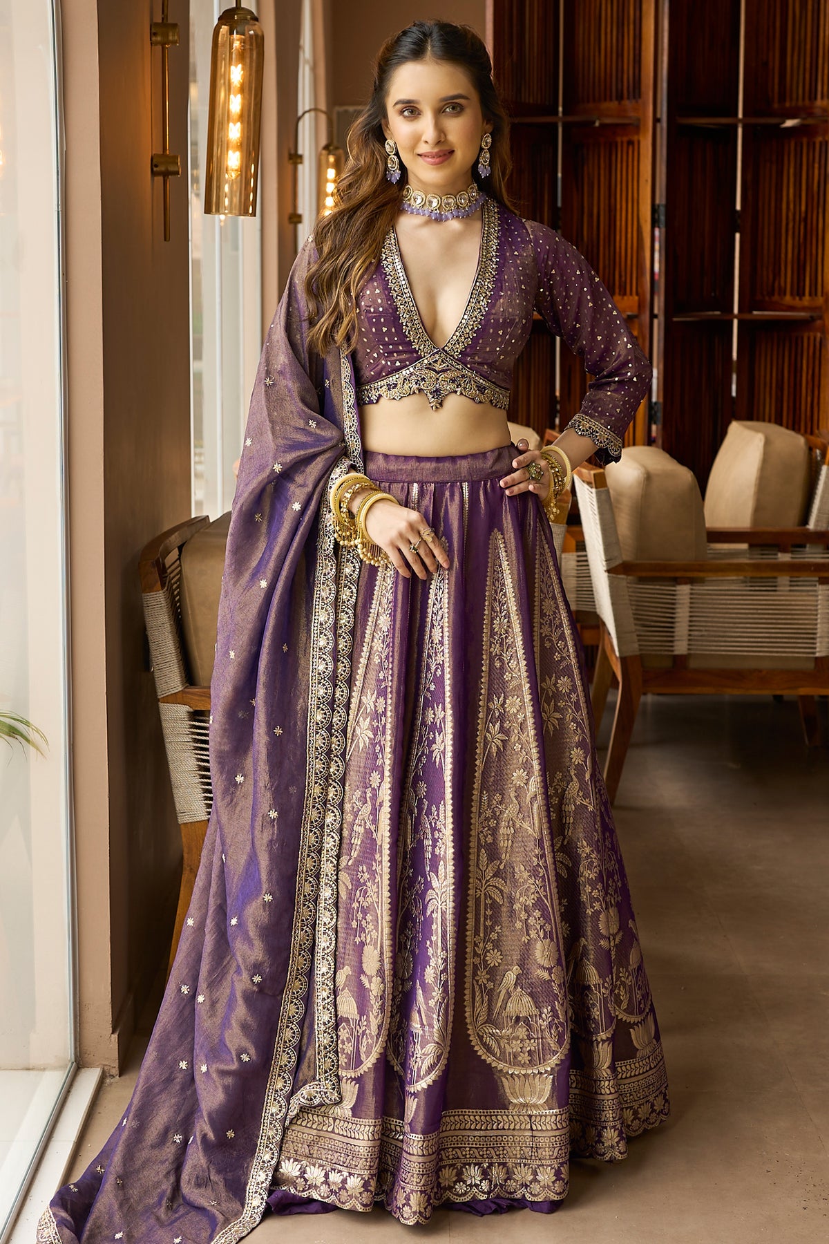 Purple Tissue Floral Zari Weave and V Neckline Lehenga