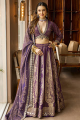 Purple Tissue Floral Zari Weave and V Neckline Lehenga