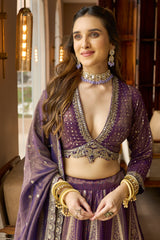 Purple Tissue Floral Zari Weave and V Neckline Lehenga