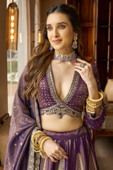 Purple Tissue Floral Zari Weave and V Neckline Lehenga