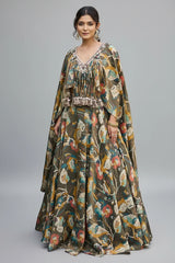 Olive Green Tissue Floral Printed Cape Sleeved Crop Top Lehenga Set